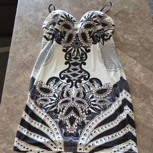 VENUS Black and White Babydoll Mini Dress Sweetheart Neckline